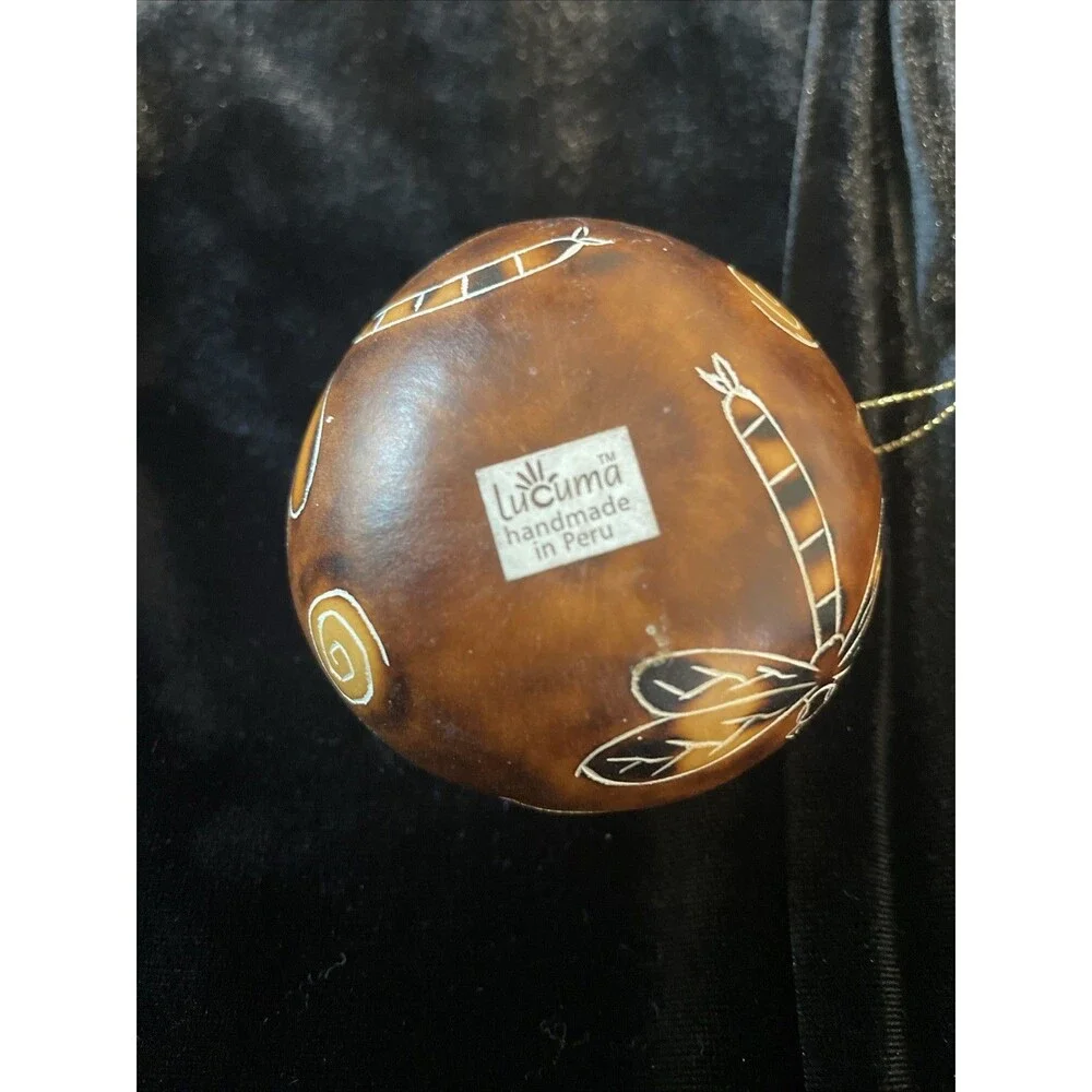 Hand Carved Gorde Peruvian Lucuma  Swirls & Dragonflies Christmas Ornament